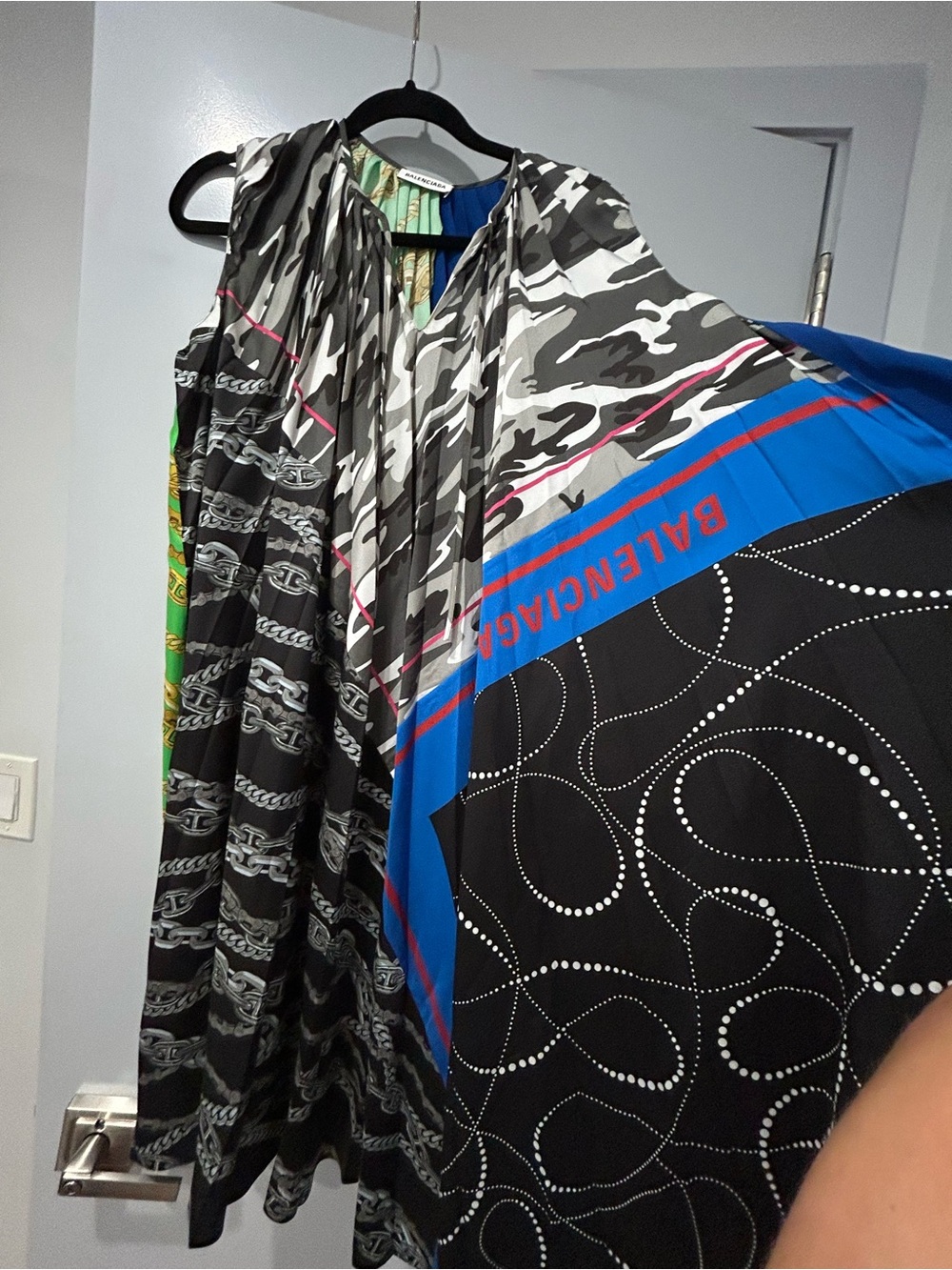 Balenciaga Mixed-Print Maxi Skirt in Black, Blue & Gray